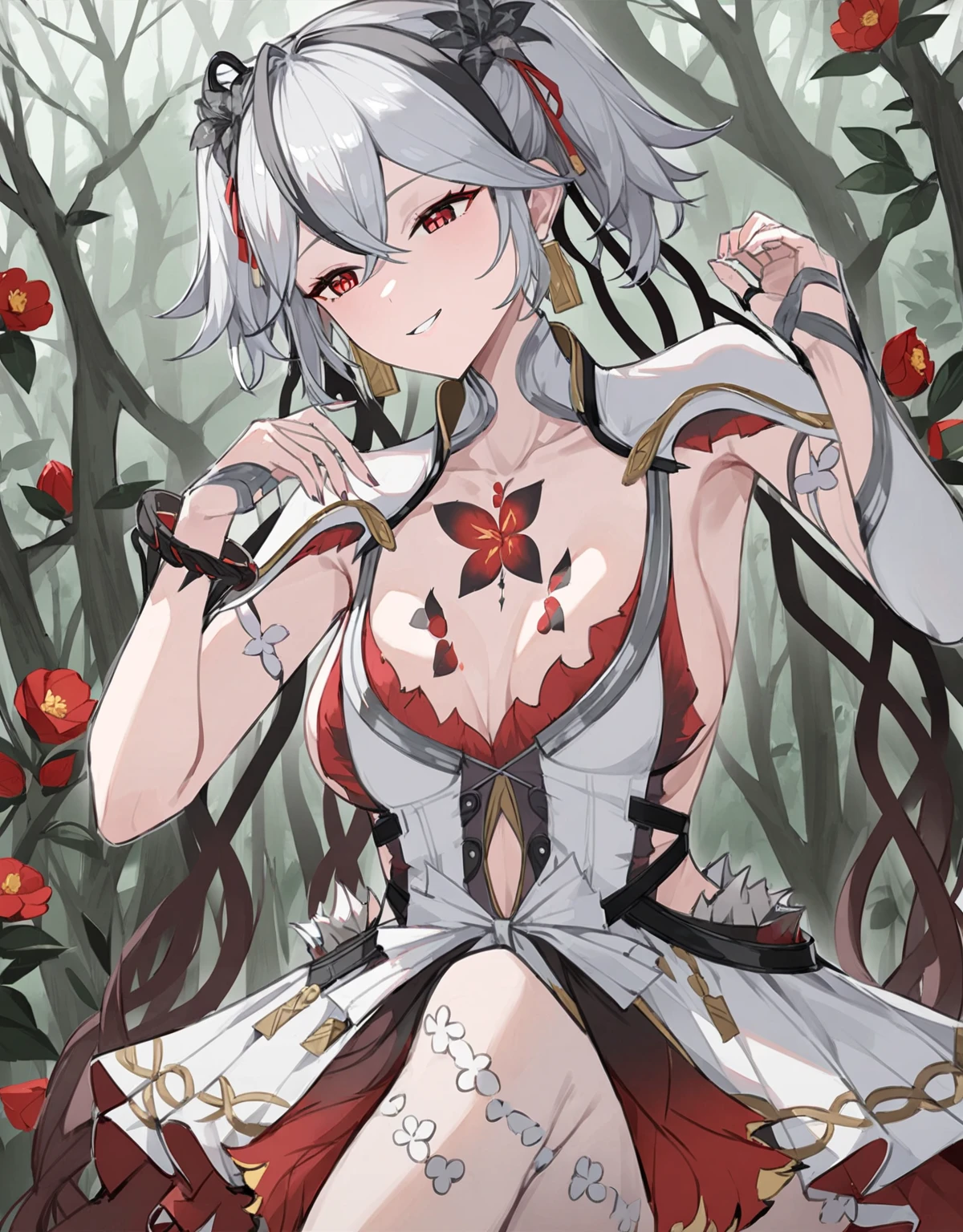 (NSFW:1.2),(masterpiece:1.2), ( top quality)、 whole body,  beautiful skin ,  Super Fine,  best resolution 、 top quality,,camellia (Mingchao)、(In the forest),仁王立ち
spring2,spring, 1 girl ,Alone,red eyes,(Gray Hair:1.2),(Twintel with black hair)、camelliaの髪飾り,  earrings for a woman alone, hair ornament ,flower,mole,(Partially black bangs ),Shoulder rest,ribbon,  clevis, Bare thighs,  has an enchanting smile, Semi-nude、Clothes with an open belly button 、 camellia body paint on chest with red rapier、White Skirt、white and black bodysuit、 open your mouth and laugh、 Wicked Smile 、(Holding a red sword)、Tangled 、( ivy gets tangled)