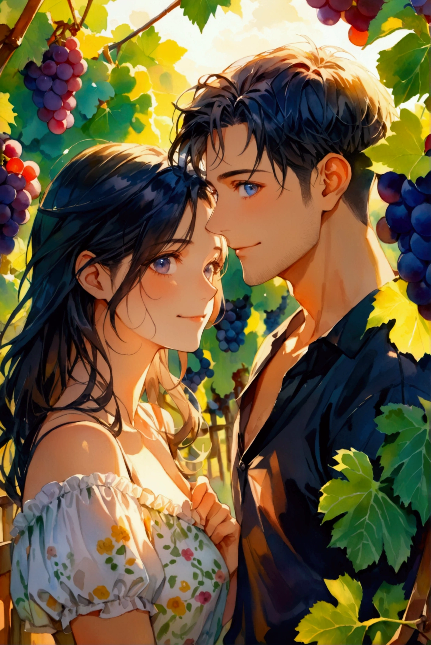 1man, 1woman, couple, high quality, highly detailed, (vineyard), (grapes), ((watercolor)), Illustrate an intimate scene of a couple set in a Vineyard in Italy. They are standing amid the vines with grapes and smiling featuring a moment of tender passion in the evening sunset. The woman is 23-year-old, has a round face, hooked nose, turned up chin, long black hair, bright black eyes and is wearing floral print shirt. The man is 23-year-old, has ((squared face)), turned up chin, (roman nose), short brown hair, ((crew cut)), blue eyes, and wearing black shirt. curious expression, looking at viewer, 