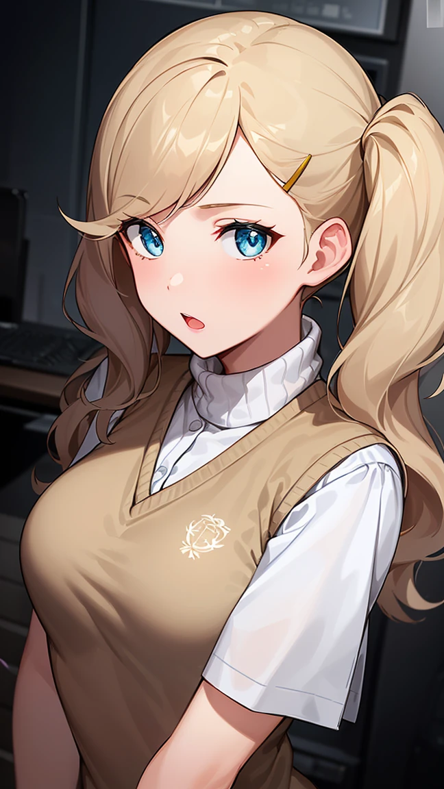 1girl, anne takamaki, blonde hair, blue eyes, hair ornament, hairclip, long hair, swept bangs, twintails, wavy hair,
BREAK ((sweater vest, turtleneck, turtleneck sweater, vest, white shirt, white sweater:1.2)),
BREAK ((顔と服にejaculation:1.5)),
BREAK (masterpiece:1.2), best quality, high resolution, unity 8k wallpaper, (illustration:0.8), (beautiful detailed eyes:1.6), extremely detailed face, perfect lighting, extremely detailed CG, (perfect hands, perfect anatomy),