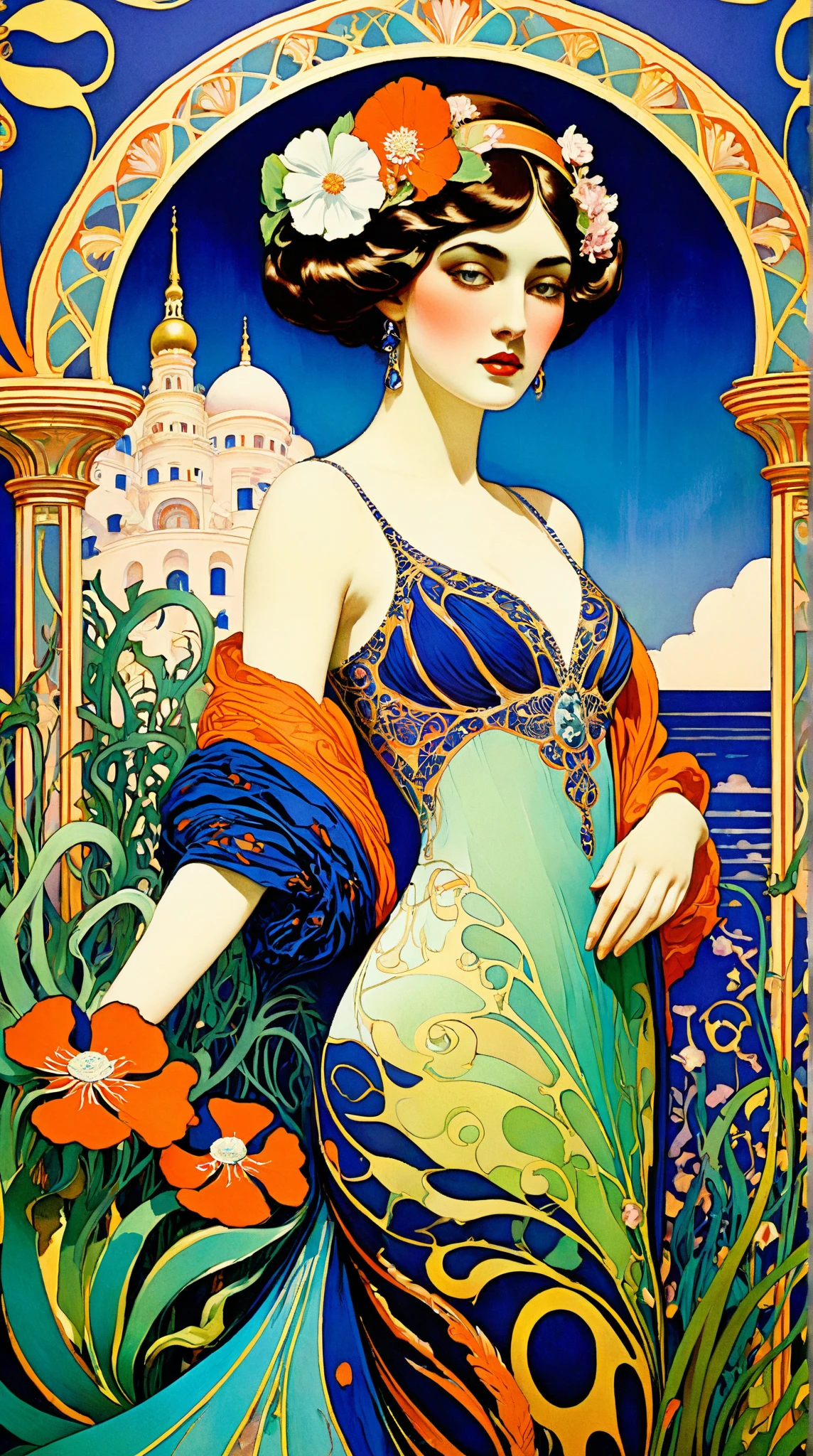 whimsical Leon Bakst inspired artwork, jugendstil style, intricate patterns, rich, dynamic, and ornate color palette, oneiric, surreal atmosphere, sense of movement, fluid curvatures, Art Nouveau ornamentation, lavish textures, detailed fabrics, dreamlike, vibrant serialism, decorative fantasy elements, floral motifs, ethereal, captivating backdrop, ornate geometric shapes