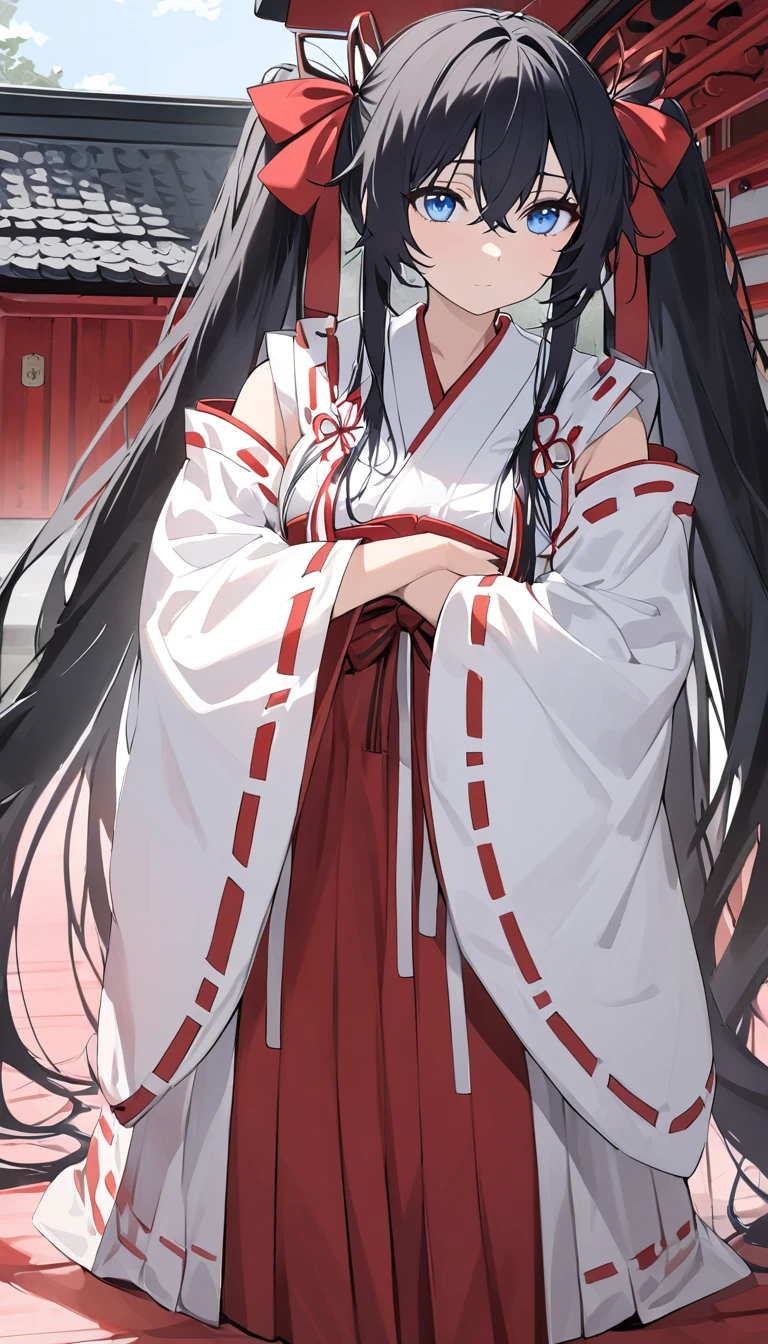 jyojifuku, miko,red hakama, Shrine maiden, Shrine Background, ,  1 girl, Alone,(  beautiful girl,  twin tail hair,  blue eyes, ribbon,  black hair,  hair between eyes , hair ribbon, sidelocks,  very long hair,  messy hair ,) ,   Masterpiece  ,  top quality,  high definition