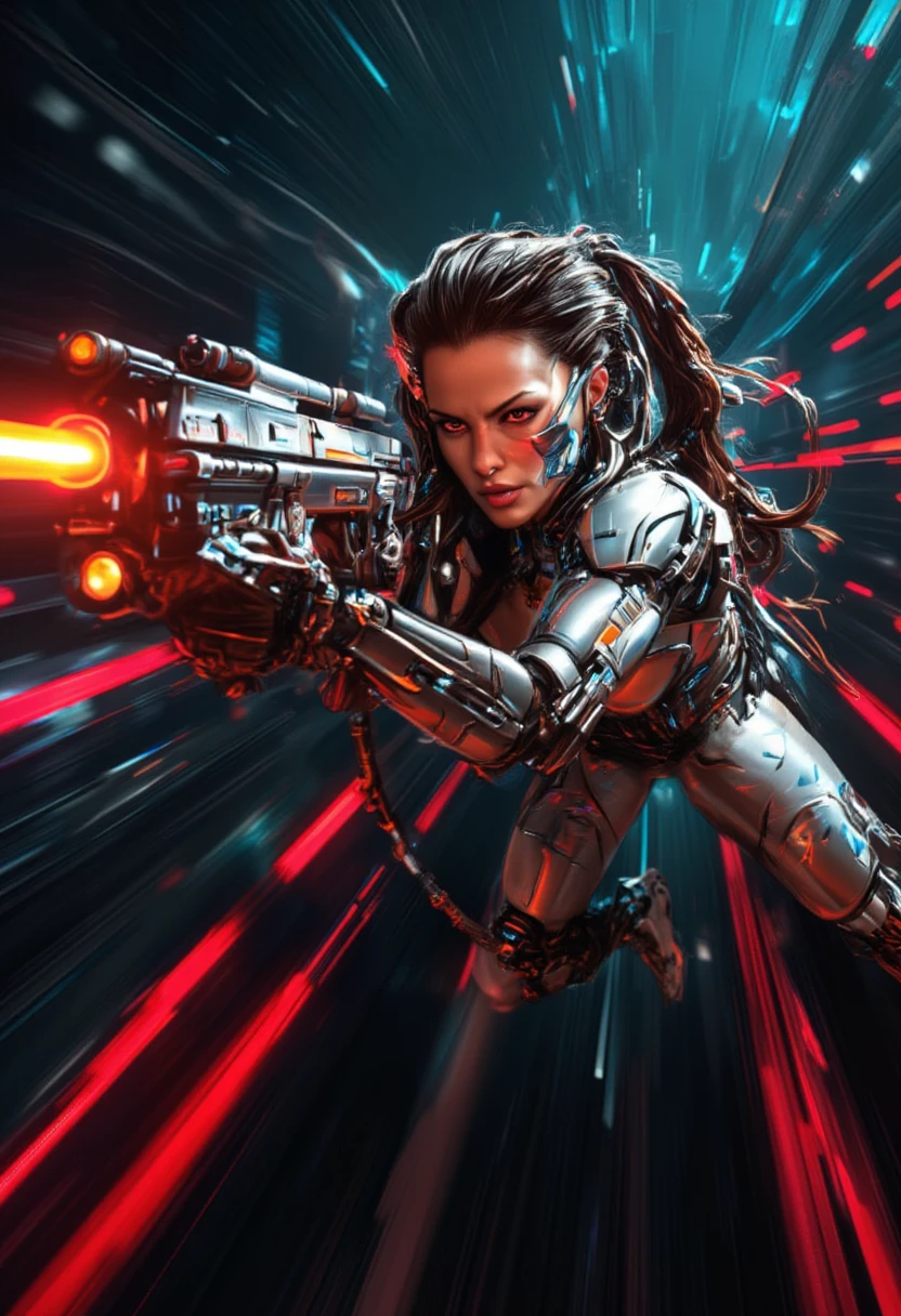 A beautiful girl with red eyes holding a gun, (((highly detailed)))), 8k, bright