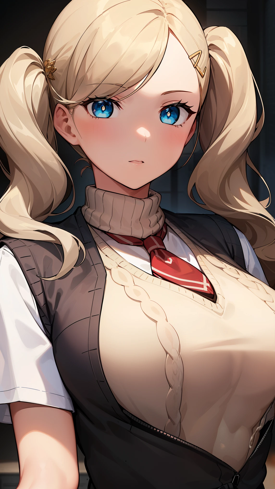 1girl, anne takamaki, blonde hair, blue eyes, hair ornament, hairclip, long hair, swept bangs, twintails, wavy hair,
BREAK ((sweater vest, turtleneck, turtleneck sweater, vest, white shirt, white sweater:1.2)),
BREAK ((顔と服にejaculation:1.5)),
BREAK (masterpiece:1.2), best quality, high resolution, unity 8k wallpaper, (illustration:0.8), (beautiful detailed eyes:1.6), extremely detailed face, perfect lighting, extremely detailed CG, (perfect hands, perfect anatomy),