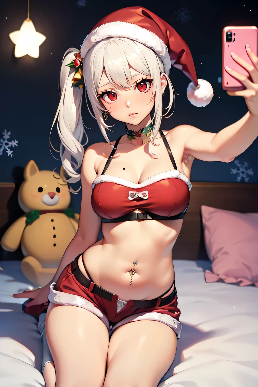 (1girl), red eyes, (white hair)mature, hypnotic eyes, hypnotic, mole onder eye,white hair, pigtails,  long hair,, x ornament, big lips, pretty lips, ((gyaru)), gyaru hairstyle, there is a woman in a white shorts taking a selfie, smooth pink tight clothes, posing in a bedroom, good hips and long legs, photo of slim girl, , sporty, photo of slim girl model,belly button piercing,naval,midriff, christmas background, christmas hat, sexy christmas outfit, armpit, big 