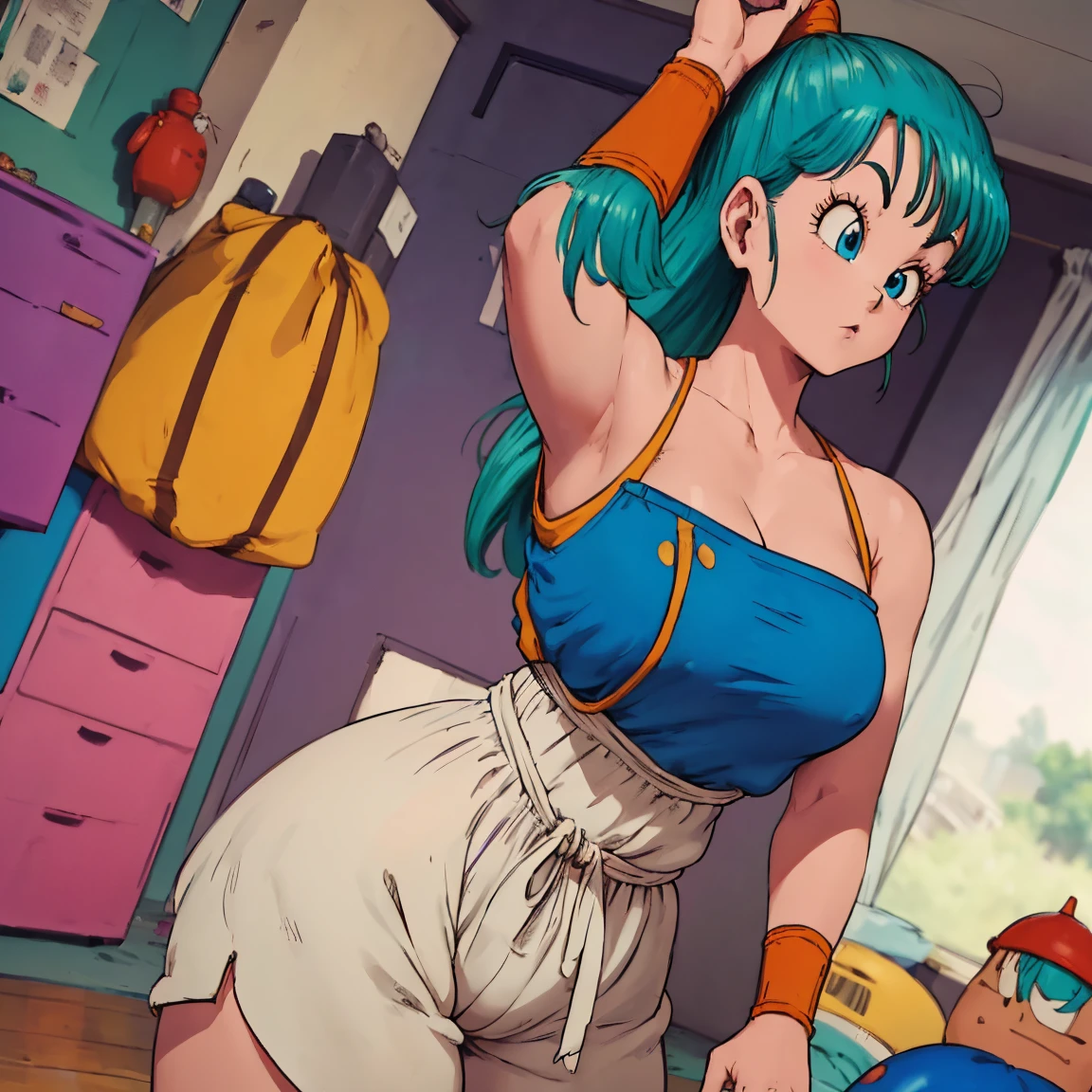 Bulma,( dragon ball\), long hair, one side up, outskirts_Cut, Aqua Hair, blue eyes wristwatch, Pink tube top, neckline,   bare shoulders , strapless,   hair ties  , wristband,  brown shorts , clavicle,   inner room  ,  Curvy young woman ,  big breasts and big butt ,  poses with arms raised at her sides, making a fist ,  showing her armpits, plump