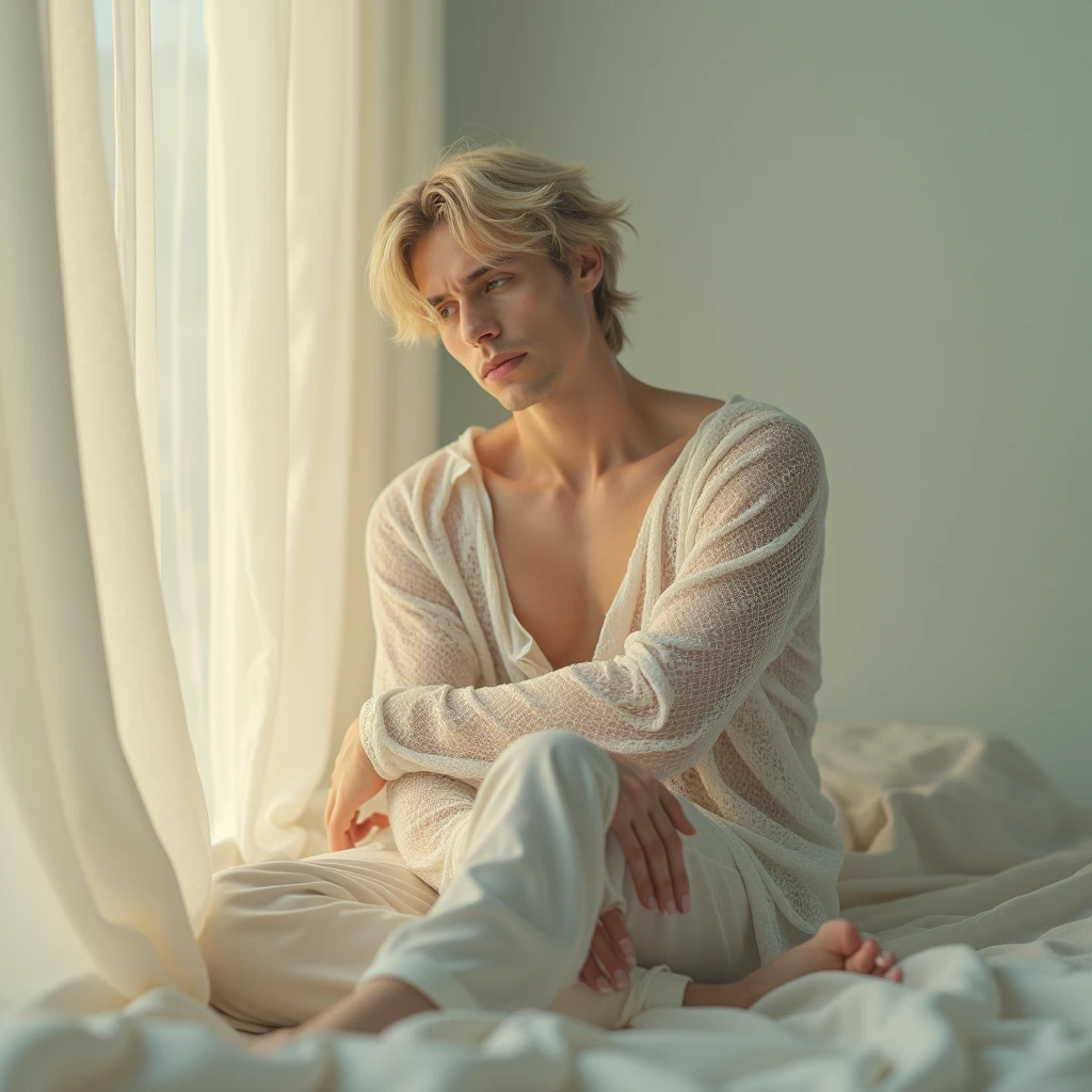 A realistic photograph of a 25-year-old pregnant American man.beautiful, delicate, green eyes, blonde hair, white skin.cinematographic, Korean television series.  most beautiful man in the world, masterpiece.detailed, cinematic photos, good quality.