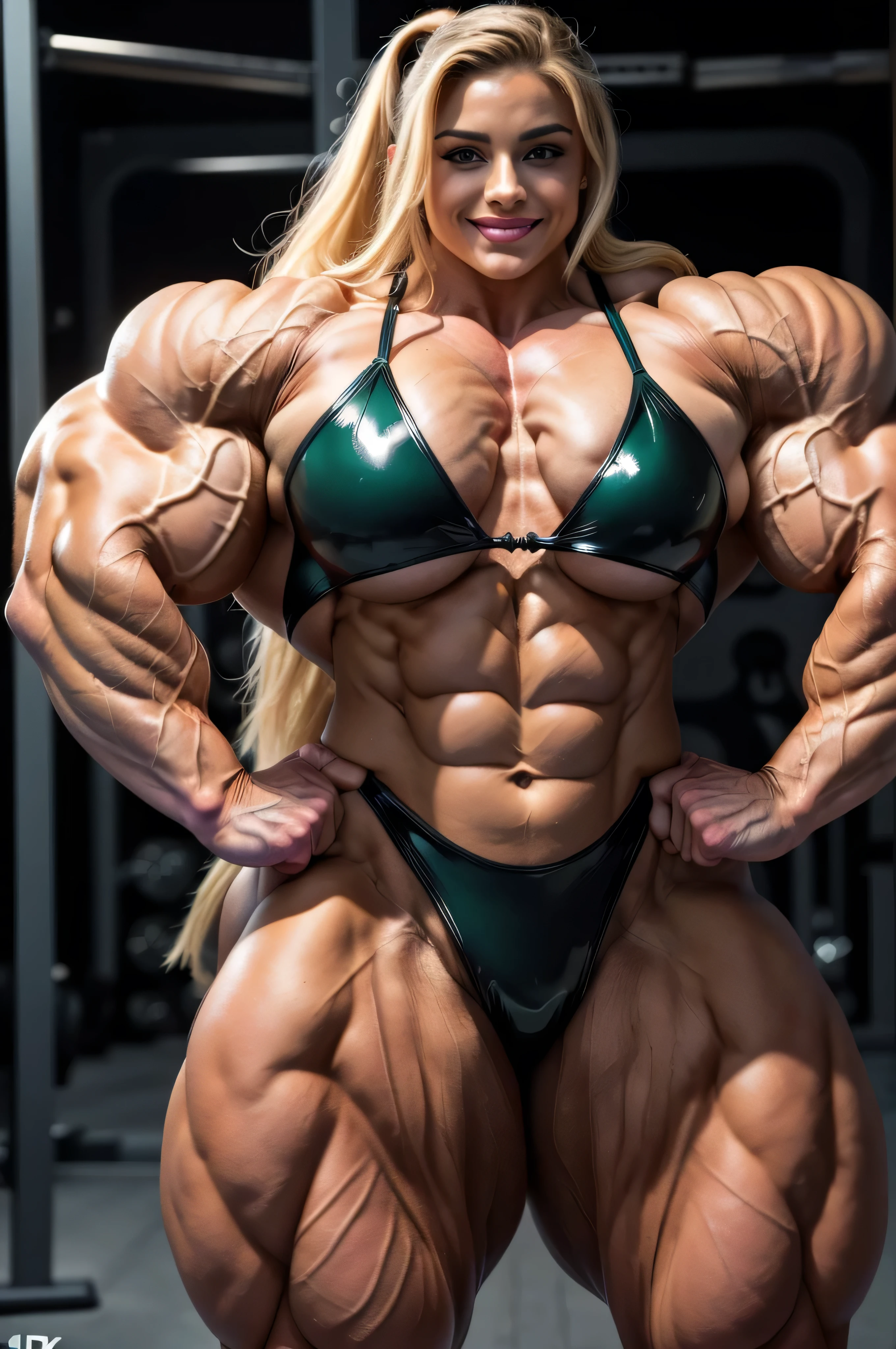 (Bent over on floor), Generate an illustration of a mature Jade Cargill, ((massive female bodybuilder:1.4)), (((huge muscular ass))), ((wide hips)), (slim waist), (((wide shoulders))), ((wwe)), silver hair , (black skin), de terno preto, (NSFW:1.3), short hair, hair combed back, (((huge breasts:1.3))), in anime format with a serious style, (neon green unitard), ((warm lighting)), black boots, gothic make up, masterpiece, ((dark lighting)), black background, (puffy lips),((slendered abs)), beautiful face,
