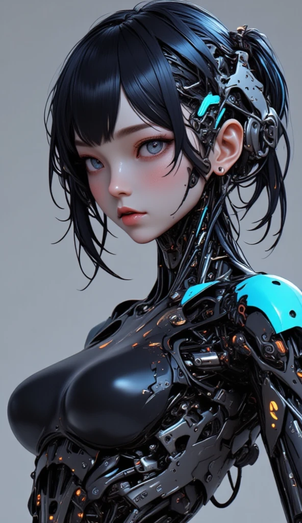 a Korean cyborg .
 Crystal gray eyes , robotic lashes ,  exposed mechanical parts .
 Matte colored metallic skin . 
Robotic body, com  exposed mechanical parts , neon azul. 
You are in battle pose .
 full body .
 Simple gray background .
 Full and voluminous pink lips.
 Hair with colored neon threads , obfuscating. 
 Sharp metallic teeth .
32K, HDR, UHD. 