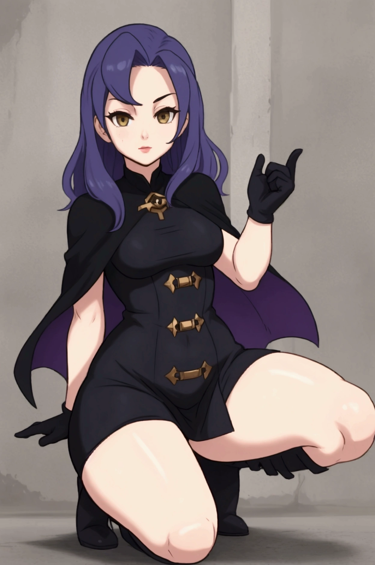 A woman
**appearance:**
- **hair:** long and wavy,  dark blue with purple tips .
- **eyes:** Yellow and shiny .
- **Clothes:**  Short black dress with silver details ,  long cape that seems to flow like shadows ,  gloves the same color as your hair and high boots.
