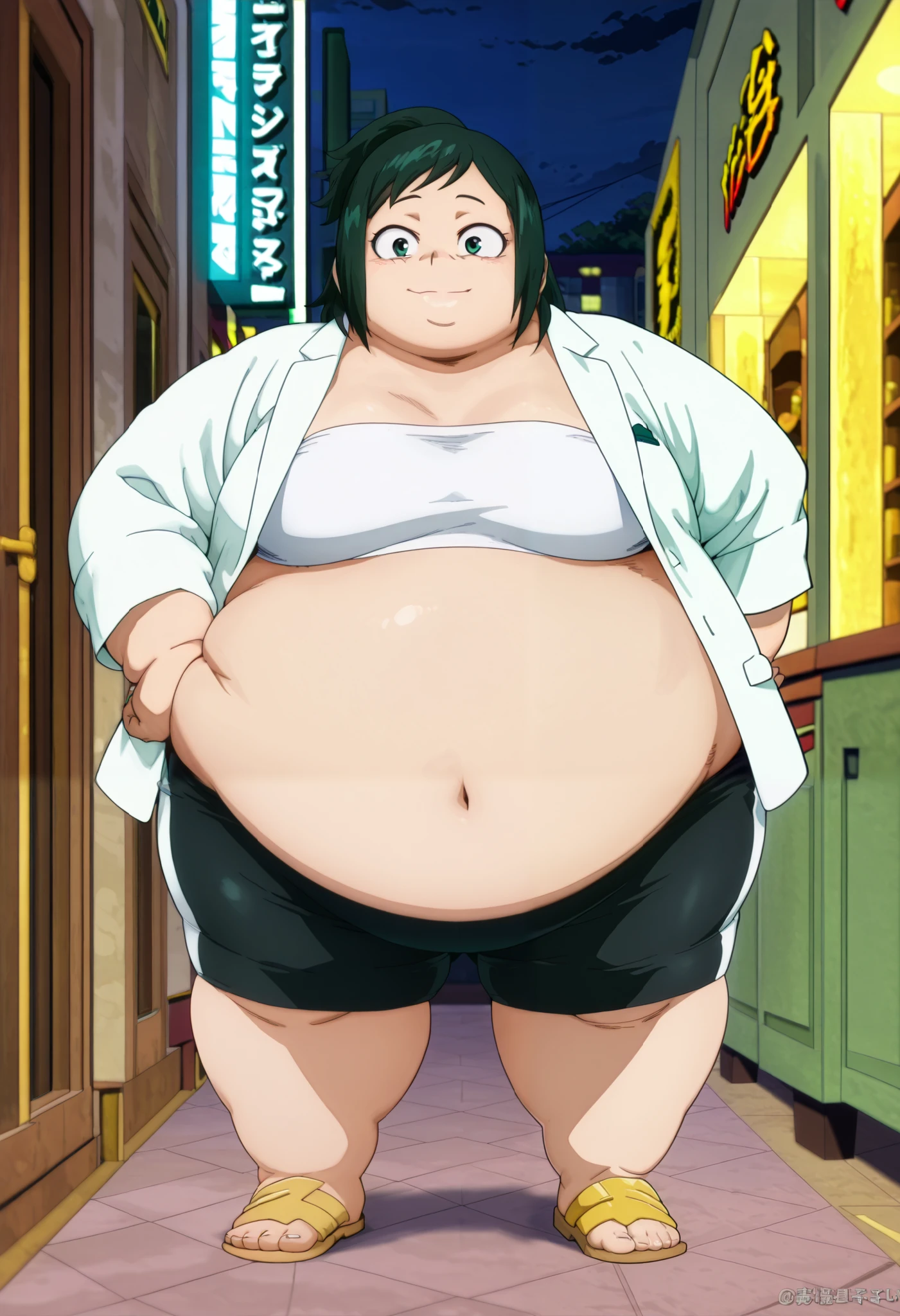 1girl,solo,mm,mature female,plump,green hair,green eyes,ponytail,anime coloring,
White fluffy jacket, tube top, black bike shorts, looking at viewer, hand on own hip, smile,bar, night club
,masterpiece,best quality,amazing quality, full body shot, fat, chubby, obese, gigantic arms and legs, big belly, fat face, chubby face, swollen face, double chins 