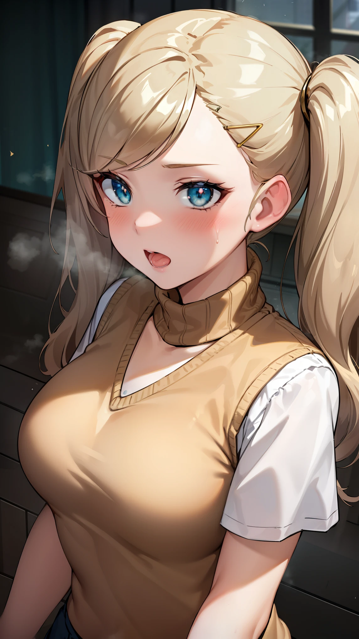 1girl, anne takamaki, blonde hair, blue eyes, hair ornament, hairclip, long hair, swept bangs, twintails, wavy hair,
BREAK ((sweater vest, turtleneck, turtleneck sweater, vest, white shirt, white sweater:1.2)),
BREAK female ,female  orgasm with sex, pussy juice ,ahegao,  steaming body, full-face blush, 
BREAK (masterpiece:1.2), best quality, high resolution, unity 8k wallpaper, (illustration:0.8), (beautiful detailed eyes:1.6), extremely detailed face, perfect lighting, extremely detailed CG, (perfect hands, perfect anatomy),