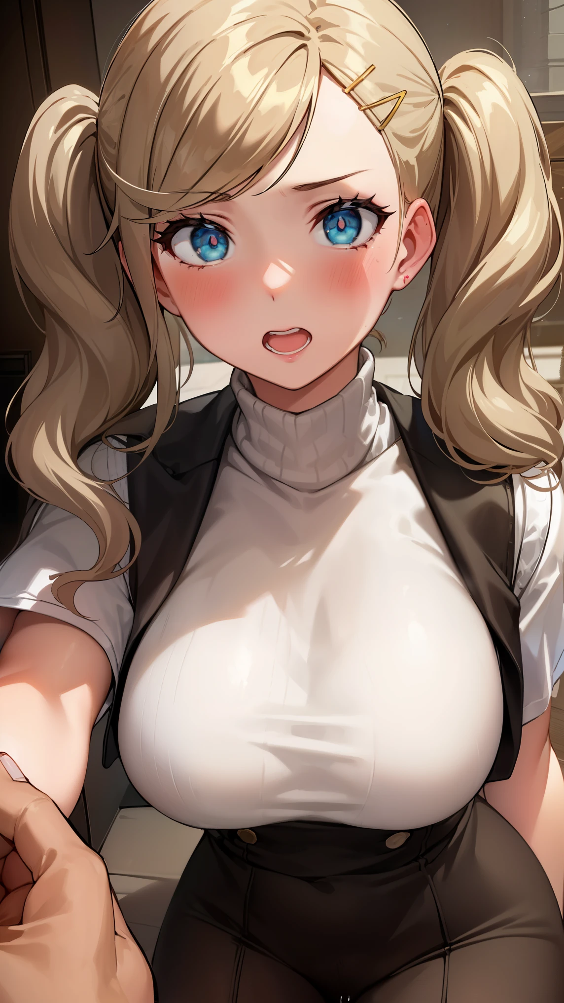 1girl, anne takamaki, blonde hair, blue eyes, hair ornament, hairclip, long hair, swept bangs, twintails, wavy hair,
BREAK ((sweater vest, turtleneck, turtleneck sweater, vest, white shirt, white sweater:1.2)),
BREAK female ,female  orgasm with sex, pussy juice ,ahegao,  steaming body, full-face blush, 
BREAK (masterpiece:1.2), best quality, high resolution, unity 8k wallpaper, (illustration:0.8), (beautiful detailed eyes:1.6), extremely detailed face, perfect lighting, extremely detailed CG, (perfect hands, perfect anatomy),