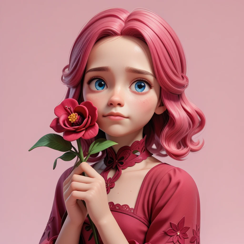 score_9, score_8_up, score_7_up, 3d render, 1girl, adult, blue eyes, pink hair, medium hair, glower in hand, single flower, holding a flower in front of his face, crimson bloom, crimson flower, pink background