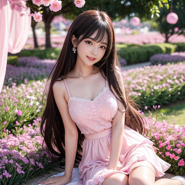laughing out loud,1 female, 2,(Wearing a pink princess dress),Outside the castle,On the face, light brown hair, blunt bangs, hair behind ears, Shoulder length hair, long hair, Slender body type, 超face slimming型, face slimming, delicate lips, beautiful eyes, Thin blush, Eyes are light brown,Check it out here, (actual:1.3), One person's perspective, 8k, Super detailed, high quality, best quality, High resolution,knee shot