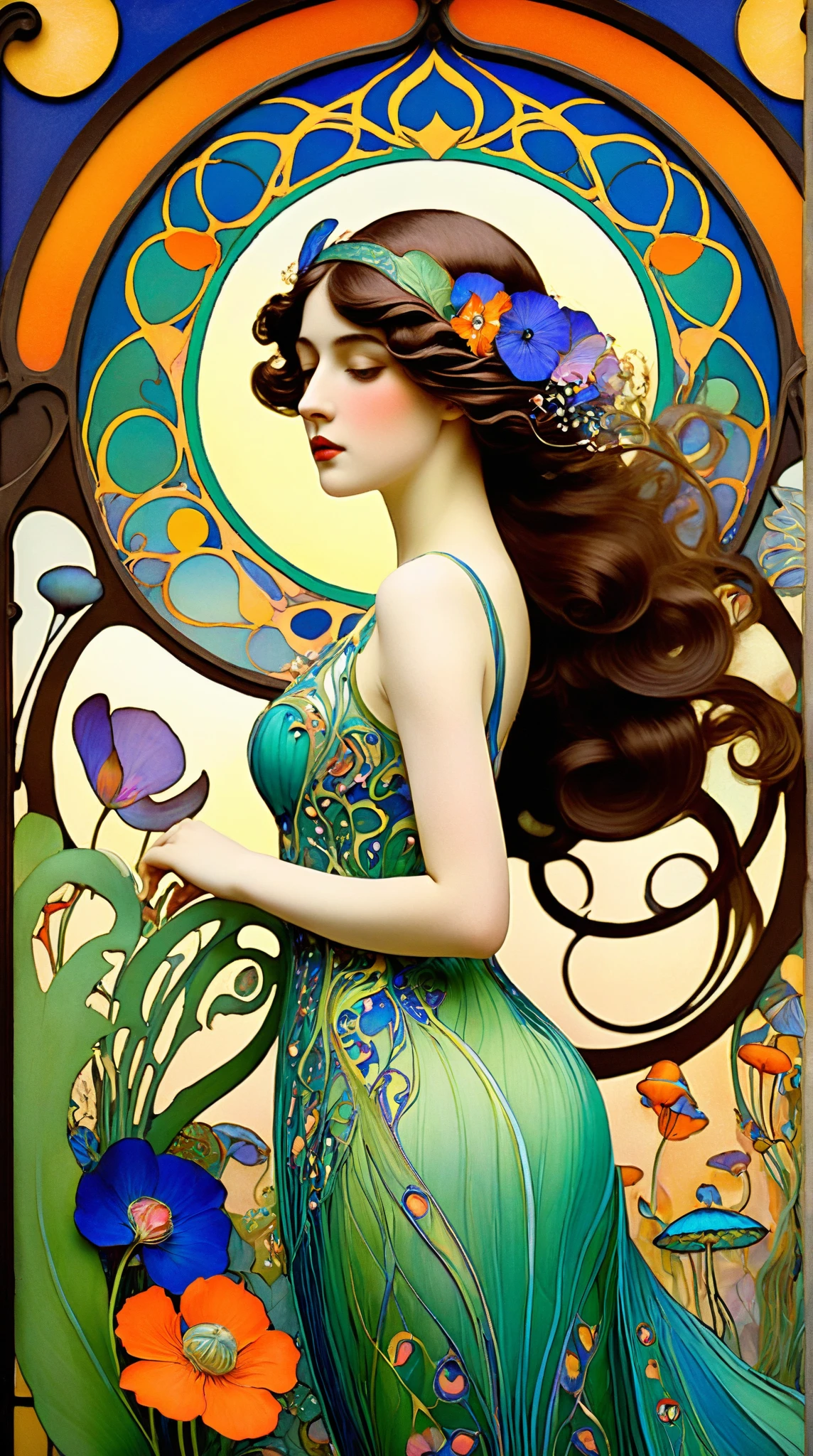 intricate Jugendstil details, Leon Bakst inspired, vibrant colorful palette, whimsical dreamy quality, breathtaking magical atmosphere, serialism fantasy composition, charming sweet fairy-like creatures, floral patterns, organic shapes, swirling curves, Art Nouveau influences, Claude Debussy's musicality, soft warm light