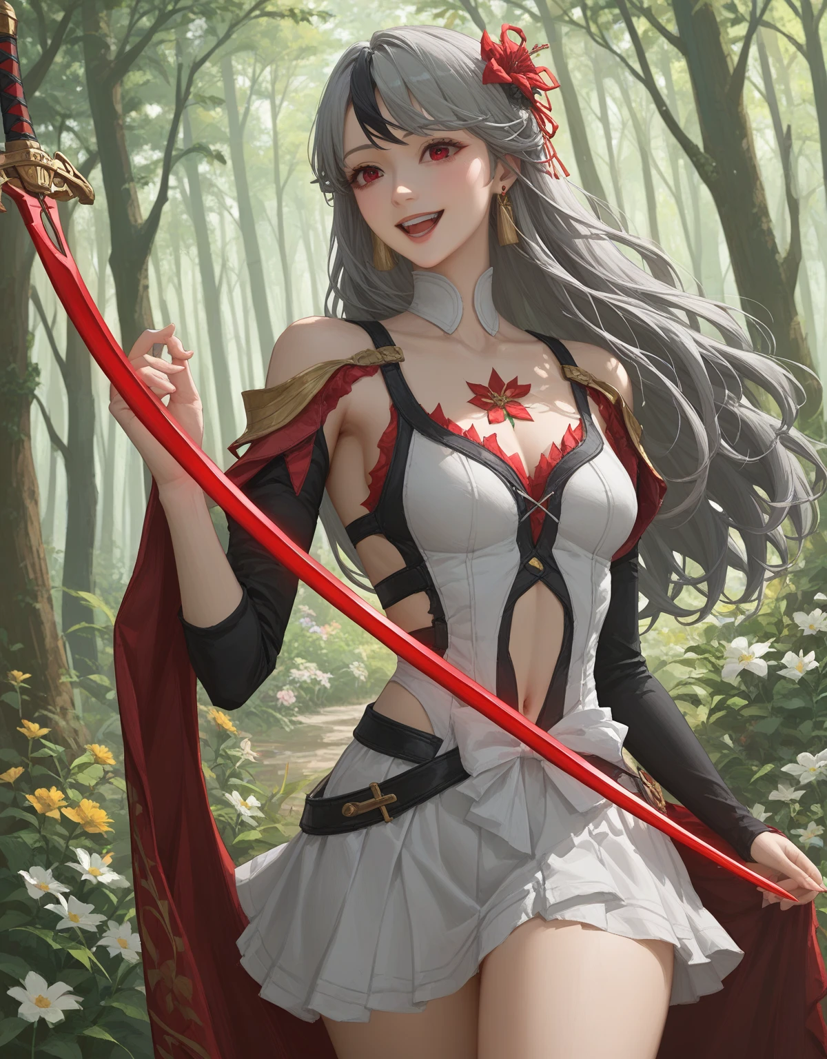 (NSFW:1.2),(masterpiece:1.2), ( top quality)、 whole body,  beautiful skin ,  Super Fine,  best resolution 、 top quality,,camellia (Mingchao)、(In the forest),仁王立ち
spring2,spring, 1 girl ,Alone,red eyes,(Gray Hair:1.2),(Twintel with black hair)、camelliaの髪飾り,  earrings for a woman alone, hair ornament ,flower,mole,(Partially black bangs ),Shoulder rest,ribbon,  clevis, Bare thighs,  has an enchanting smile, Semi-nude、Clothes with an open belly button 、 camellia body paint on chest with red rapier、White Skirt、white and black bodysuit、 open your mouth and laugh、 Wicked Smile 、(Holding a red sword)、Tangled 、( ivy gets tangled)