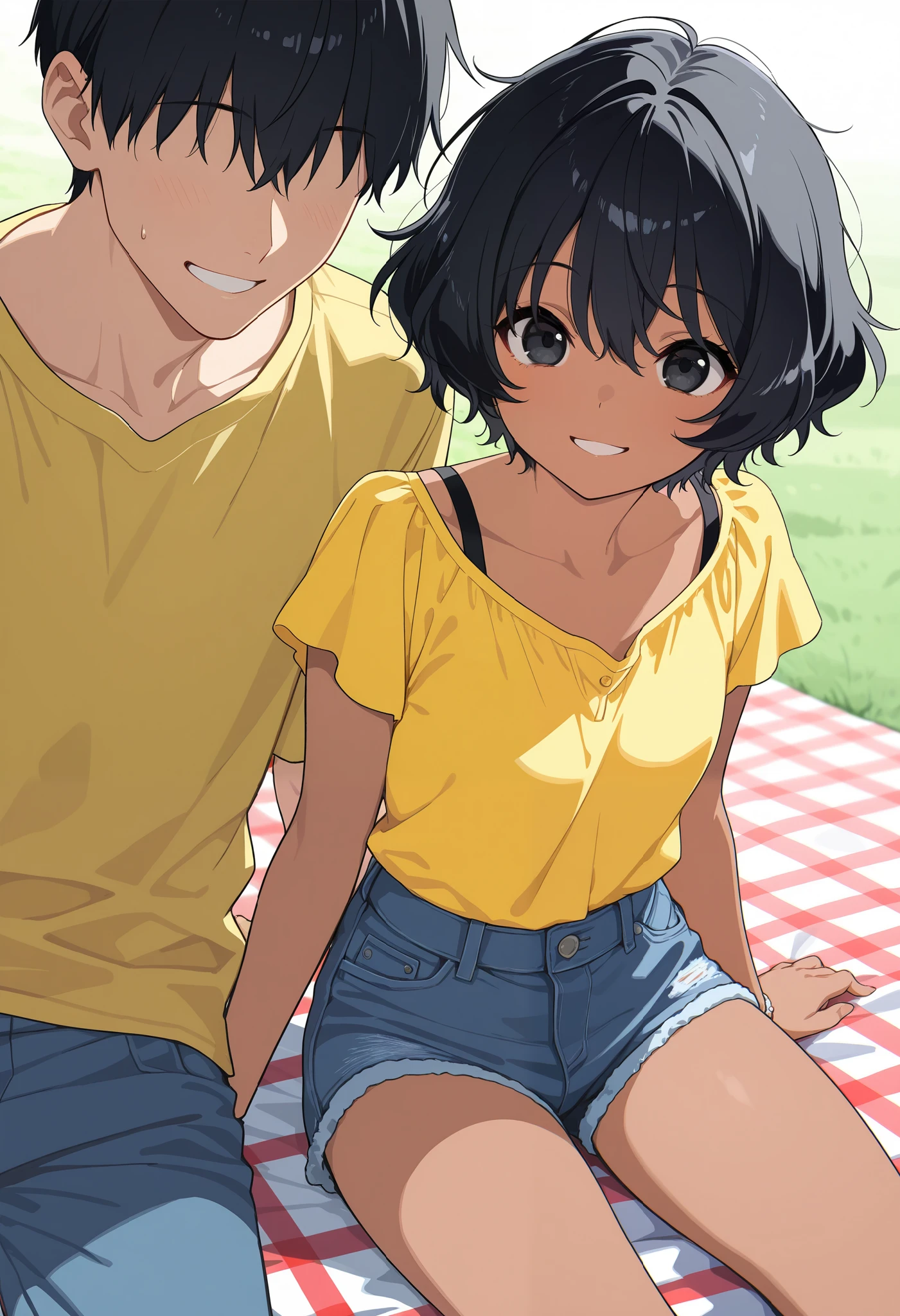 masterpiece, best quality, score_9, score_8_up, score_7_up, score_6_up, score_5_up, score_4_up, source_anime, 1girl, wavy hair, messy short cut, black hair, black eyes, tanned brown skin, wearing denim shorts, yellow shirt, on a picnic, smiling, faceless man