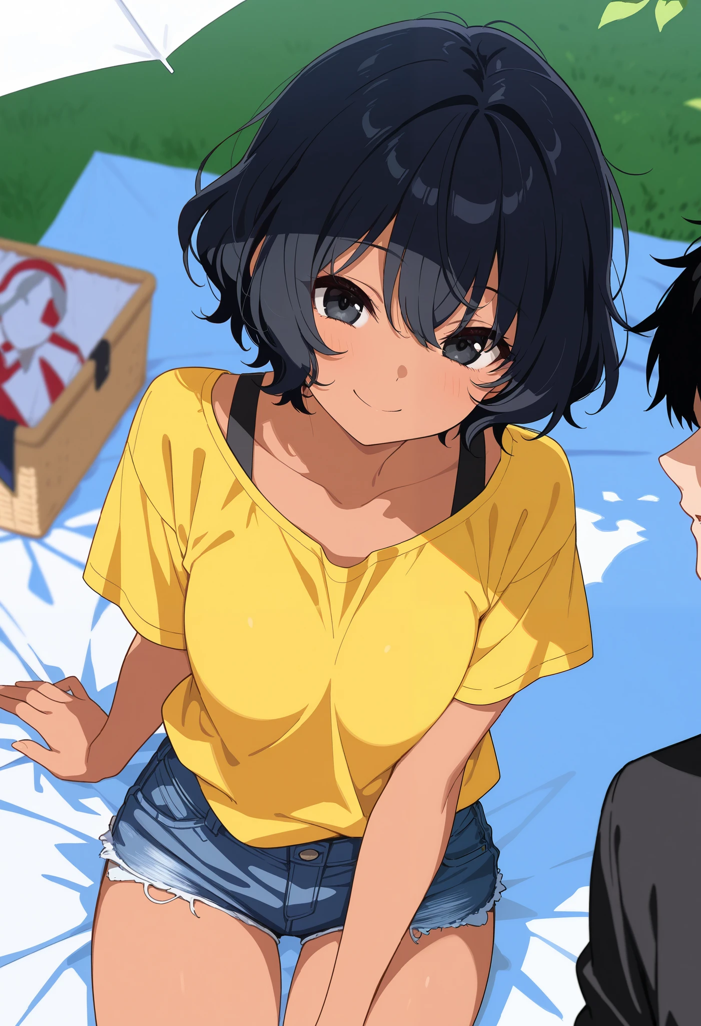 masterpiece, best quality, score_9, score_8_up, score_7_up, score_6_up, score_5_up, score_4_up, source_anime, 1girl, wavy hair, messy short cut, black hair, black eyes, tanned brown skin, wearing denim shorts, yellow shirt, on a picnic, smiling, faceless man, having sex