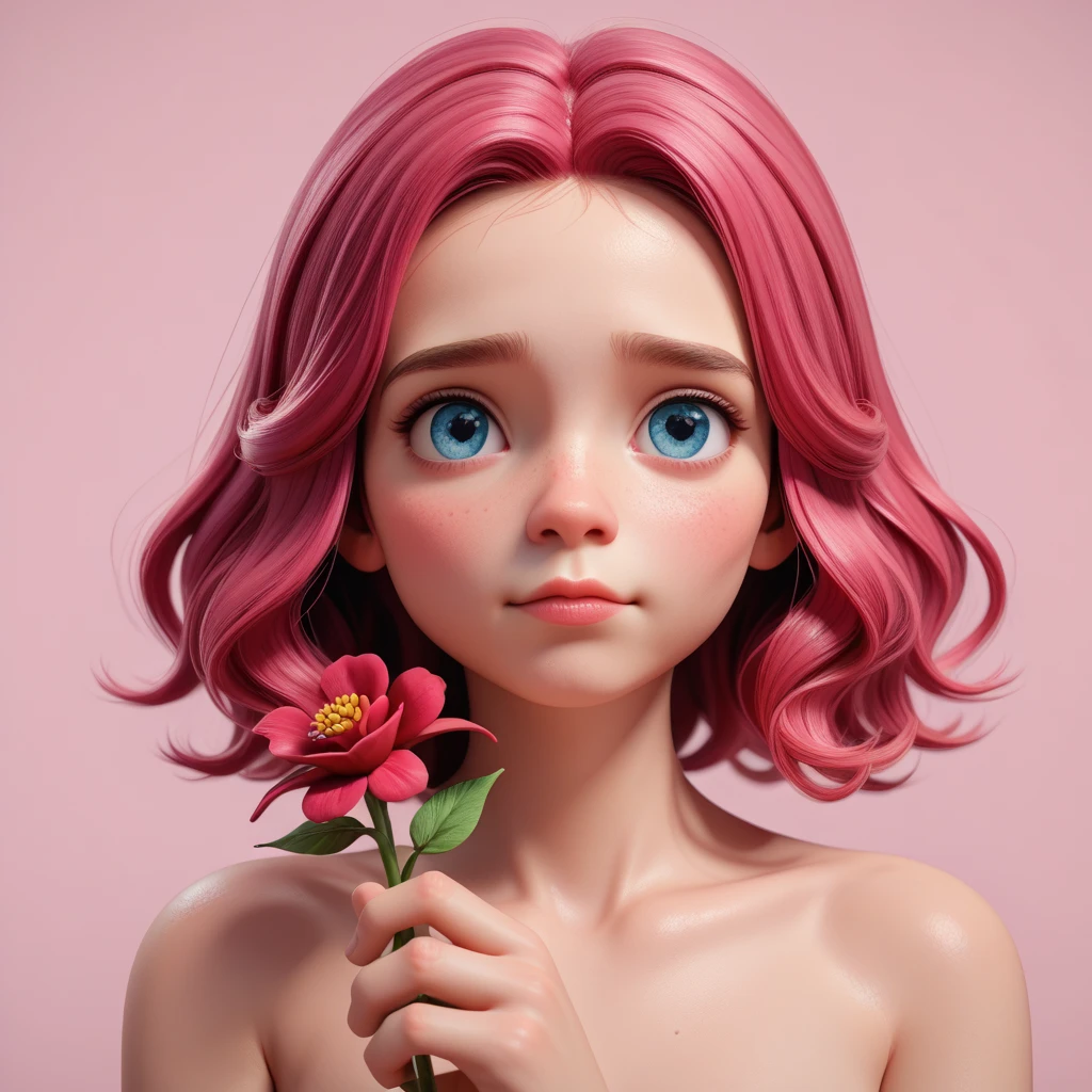 score_9, score_8_up, score_7_up, 3d render, 1girl, adult, 25 years old,, blue eyes, pink hair, medium hair, glower in hand, single flower, holding a flower in front of his face, crimson bloom, crimson flower, pink background, nude, face, close up