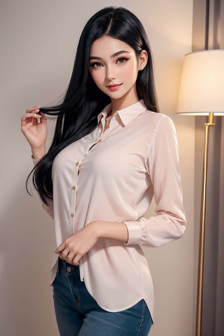 Neko girl with wavy hair brunette listening to music in the anime room