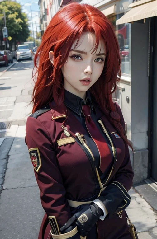((best quality)), ((Masterpiece)), (details:1.4), 3d, Image of a beautiful cyberpunk woman., HDR (high dynamic range), mature woman, เหมือนจริง Curtain Bangs, Red hair, Red eyes, future police, PBR surface, After processing, Anisotropic filtration,depth of field, Maximum clarity and clarity, multi-layered surface, perfect proportions, 8K raw files, cyberpunk, at night, ผมหลายชั้น,  กระโปรงสั้น, natural lighting, soft lighting, sunlight, หน้าอกใหญ่, a woman wearing a black gothic style military uniform, black military hat with gold details, iron cross symbol on the military hat, 