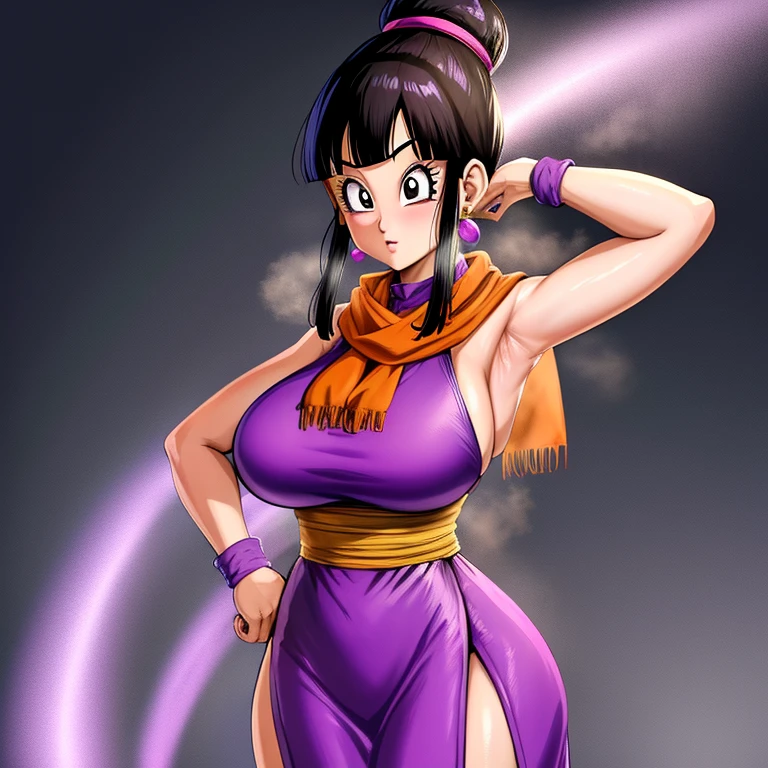 masterpiece, best quality, highest quality, perfect anatomy, perfect face, perfect eyes,
1girl, dbzch1ch1, sidelocks, bangs, single hair bun, hair bun, (black eyes), orange pashmina wrap, red sphere earrings , red wristbands, purple cheongsam, sexy  pose, sexy legs