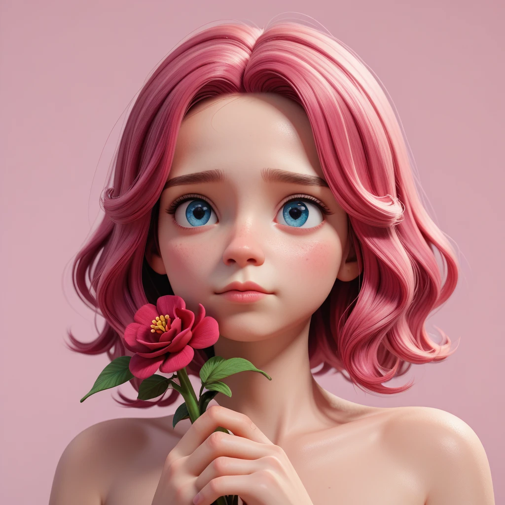 score_9, score_8_up, score_7_up, 3d render, 1girl, adult, 25 years old, blue eyes, pink hair, medium hair, glower in hand, single flower, holding a flower in front of his face, crimson bloom, crimson flower, pink background, nude, face, close up