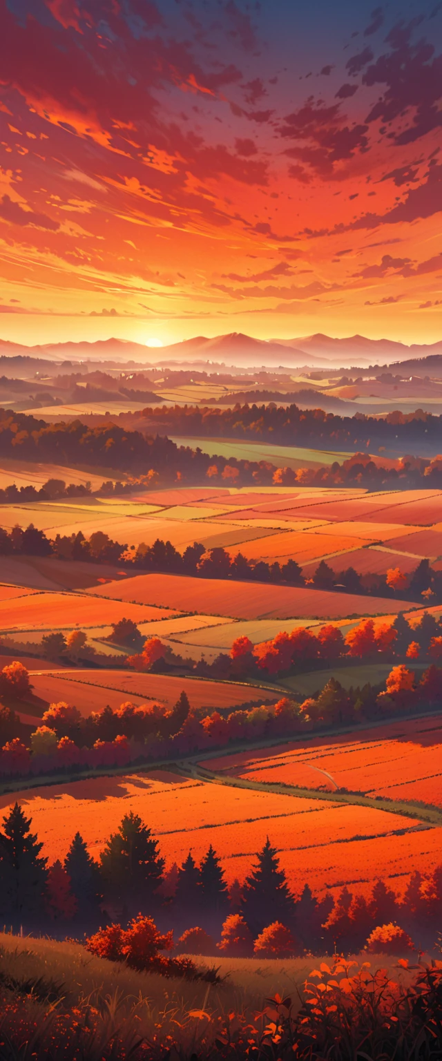 A hazy autumn evening, with the fiery orange and red colors of the western sky fading, as the landscape becomes a blurry patchwork of fields and woodlands, creating a surreal and dreamlike scene