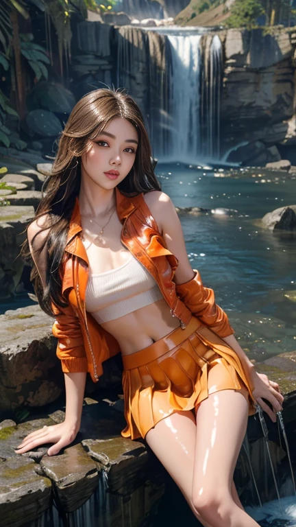 8k, masterpiece, 1 girl, beautiful face, ((very long hair)), glossy makeup, closed mouth, (glossy skin:1.5), detailed eyes, detailed lips, push up breasts, orange short jacket, white cropped vest, ((short mini skirt)), ((under pants)), ((bare thigh)), straps clothing, (water falling:1.4), steam effect, ((water vapor)), adult pose,