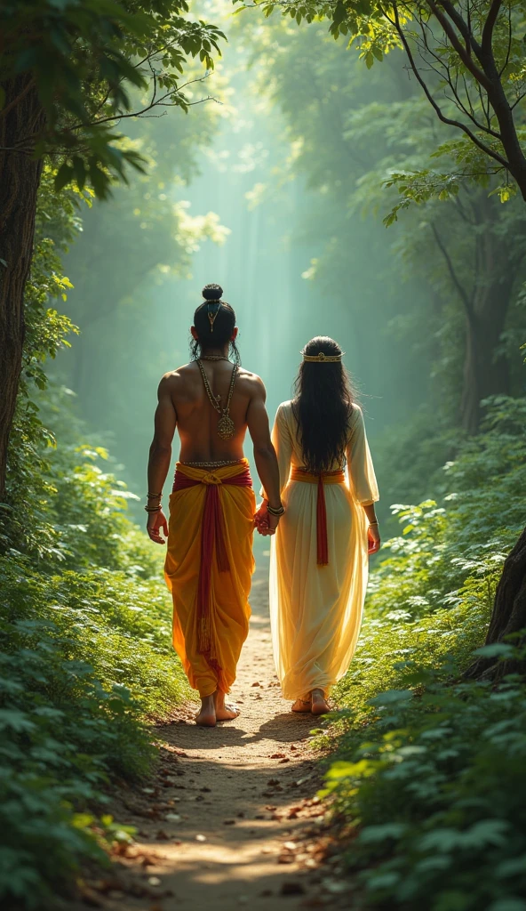 20 year old girl walking and holding hand with Lord SHIVA, girl is bare feet wearing saffron T-shirt with name "NANDANI" written boldly, environment is gorgeous, background is garden, both are in focus, ultra clear, hyper detailed image, Boy and Ganesh ji looking straight.