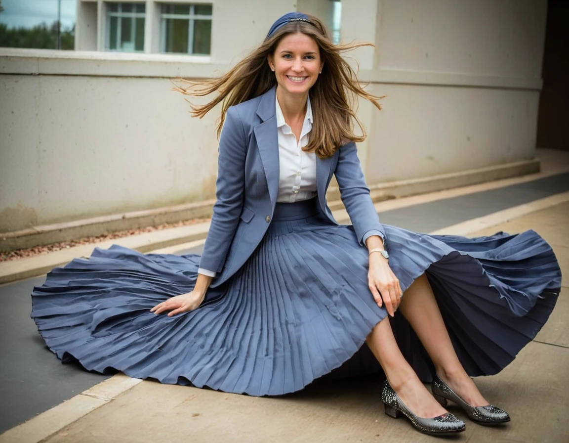 A 35mm photo of a mature, demure, shy, gentle, loving, comforting, smiling, Compassionate, kind, empathic, graceful, motherly, long haired, beautiful and attractive woman, sitting while lustfully gazing at you and seductively lifting her skirt, flirtatiously inviting you to come under her skirt, wearing her (long pleated full circle skirt), uniform jacket and (woman's low heel office shoes), bow tie and girly headband, (pronounced (feminine) features), (very large breasts with hard nipples), (very windy), skirt is flowing wildly in the wind, (pronounced (girly) features), (windy), epic composition, highly detailed attributes, highly detailed atmosphere, sci-fi, space station, empathy, compassion, romance, fine details, ffacedetailxl