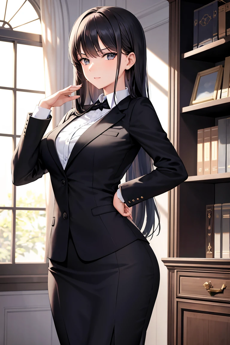 One cocked her ass,Beautiful woman in men's suit,cabelos preto e longos。