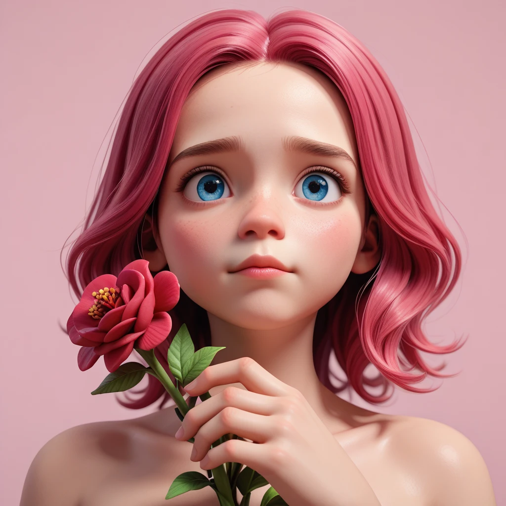 score_9, score_8_up, score_7_up, 3d render, 1girl, adult, 25 years old, blue eyes, pink hair, medium hair, glower in hand, single flower, holding a flower in front of his face, crimson bloom, crimson flower, pink background, nude, face, close up