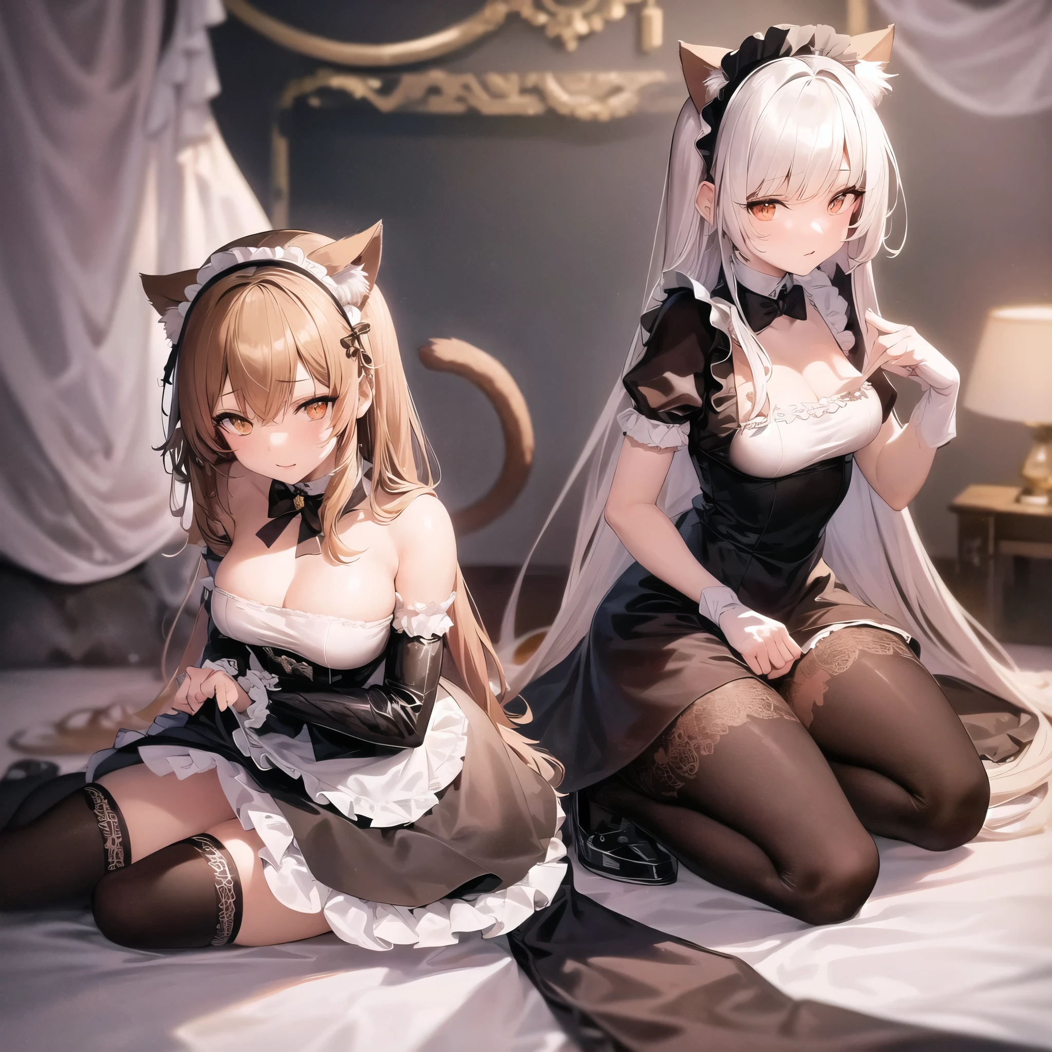(8K,best qualtiy,tmasterpiece:1.2),(realisticlying,realisticlying:1.2),ultra - detailed,best qualtiy,超高分辨率,profesional lighting,photon maping,Radio City,physically-based renderingt,maidennurse,Wallpapers,Ray traching,(janelas:1.8),rays of sunshine:2.0,(There is a gold pattern on the skirt),(white stockings:1.2)((Kneeling pose))There are potted plants under the window,Factory with modern furniture,(White stockings have texture 1 on them.5)(Bring your legs together)beast ear