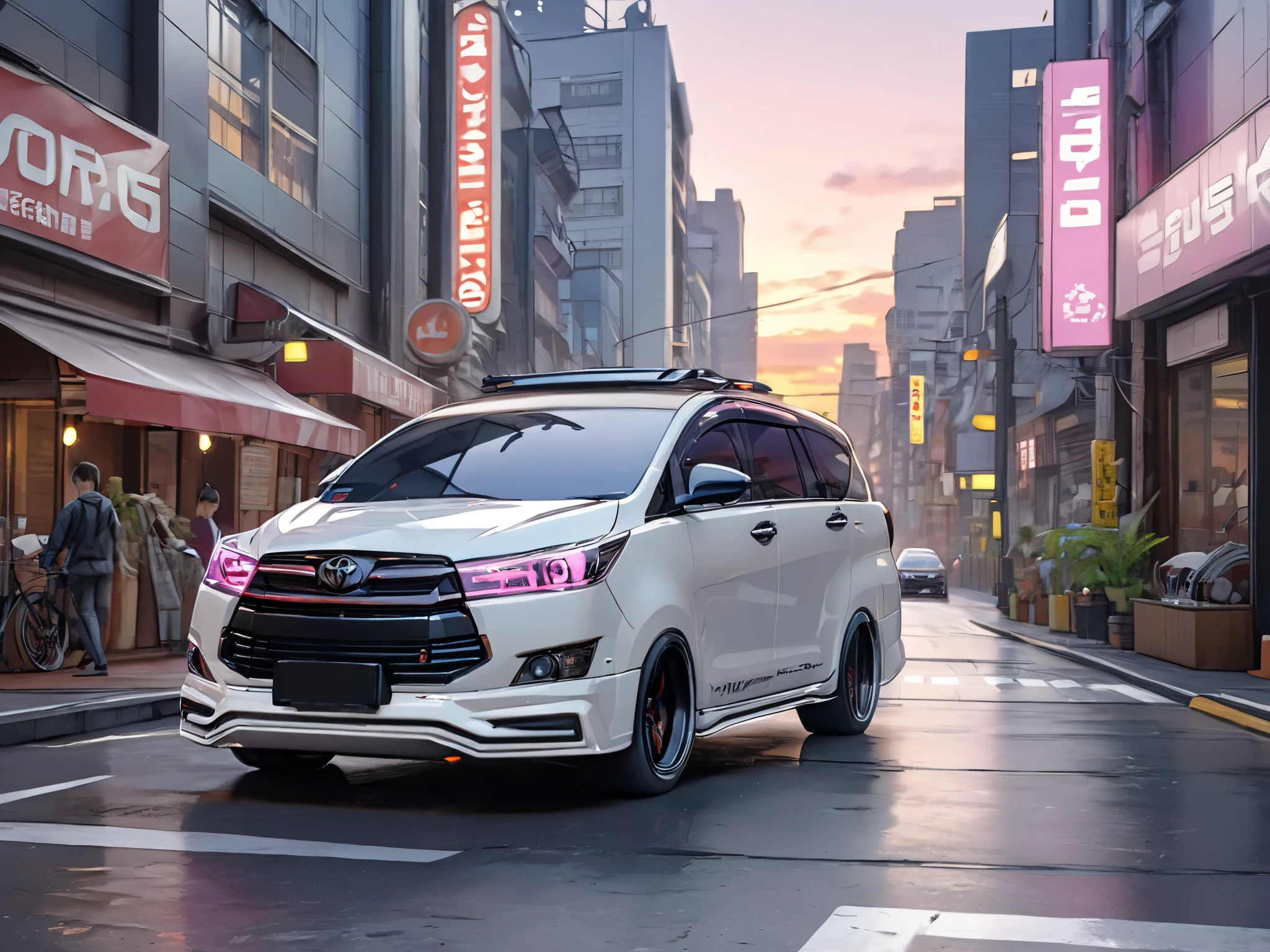 realistic, white Innova Reborn TRD,cinematic,
smoke tires,black wheel,motion blur,cyberpunk city, neon light,cyberpunk street,sunset on tokyo,high detailed