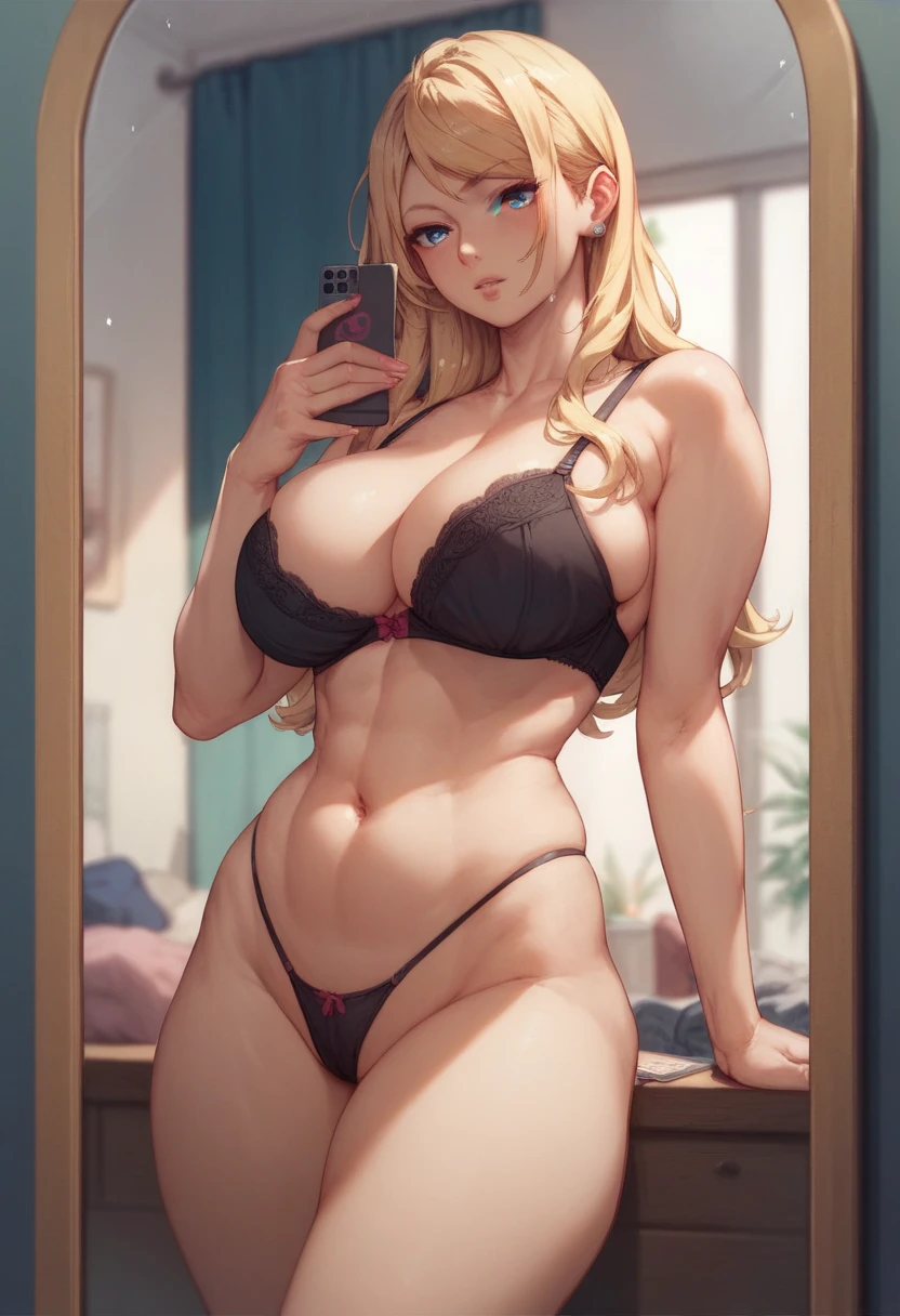 Fuyuki_minami_ Blonde with big hair blue eyes medium big breasts peeled belly thick thighs sarada Black thighs floss panties and black bra with cell phone in hand in front of the mirror taking sexy photo