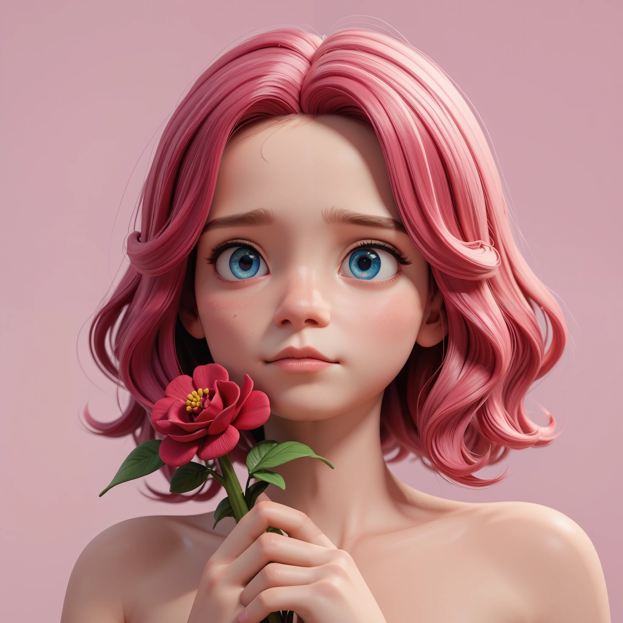 score_9, score_8_up, score_7_up, 3d render, 1girl, adult, 25 years old, blue eyes, pink hair, medium hair, glower in hand, single flower, holding a flower in front of his face, crimson bloom, crimson flower, pink background, nude, face, close up