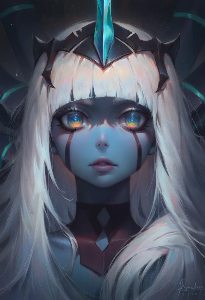 score_9, score_8_up, score_7_up, source_anime, masterpiece, perfectly detailed, detailed face, detailed eyes, beautiful eyes, Klaxosaur Princess, 001 (darling in the franxx), zero one (darling in the franxx), 1girl, horns, long hair, colored skin, looking at viewer, white hair, closed mouth, upper body, blunt bangs,Butcha,score_9_up