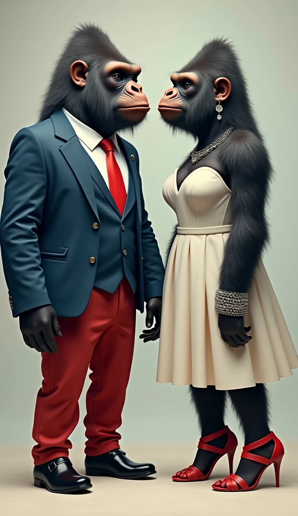 A monkey dressed in an elegant suit and a blonde girl in a red dress
