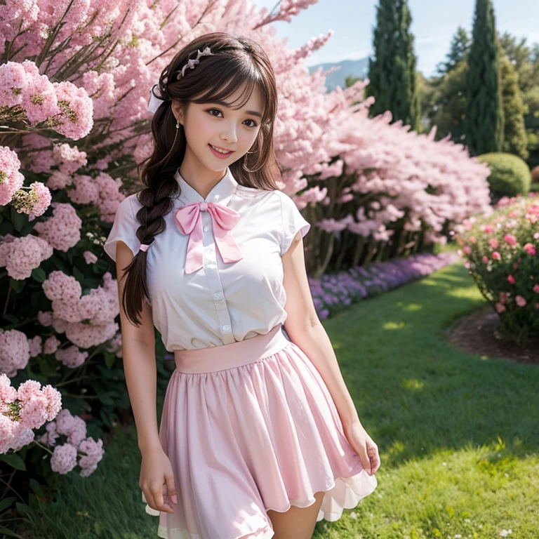 Pink short pleated skirt, in the flower field,Wearing a white sailor suit,white shirt,(knee shot) ,pink bow tie,Pink navy collar,1 female, On the face, laughing out loud, light brown hair, blunt bangs, hair behind ears, Shoulder-length hair, long hair, Slender body type, 超face slimming型, face slimming, delicate lips, beautiful eyes, Thin blush, Eyes are light brown,View here, (actual:1.3), One person's perspective, 8k, Super detailed, high quality, best quality, High resolution, ,Large Breasts,wear a H cup, 3,above knee shot