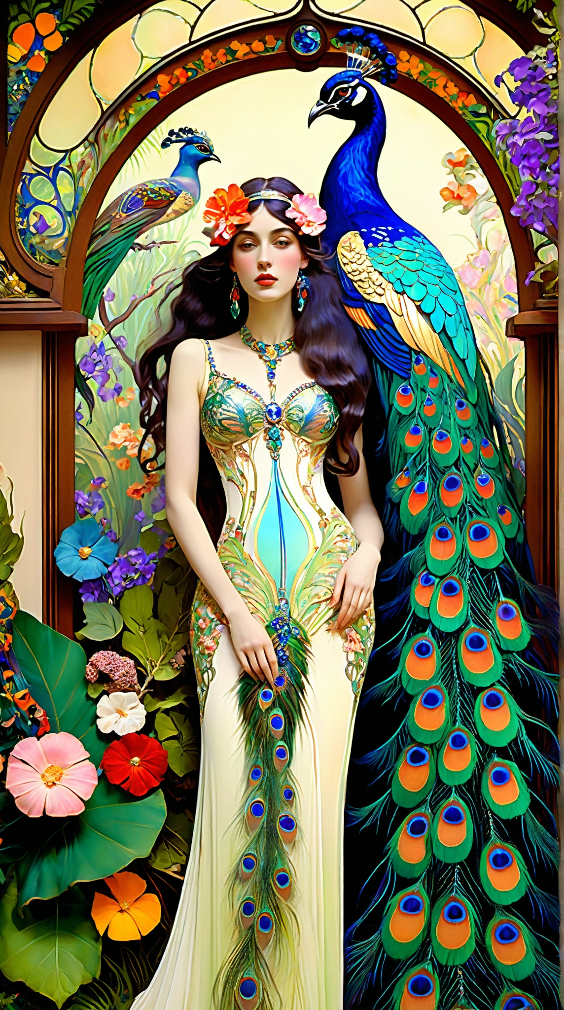 breathtaking Jugendstil scene, Leon Bakst inspired, dreamy fantasy paradise, vibrant, serialist colorful patterns, Art Nouveau style, lush tropical garden, sprawling florals, peacocks, elegant feminine figures, flowing silk fabrics, glittering jewels, ornate architectural details, exotic birds, realistic high details, impressionist brushstrokes, Gustav Klimt and Alfons Mucha influences