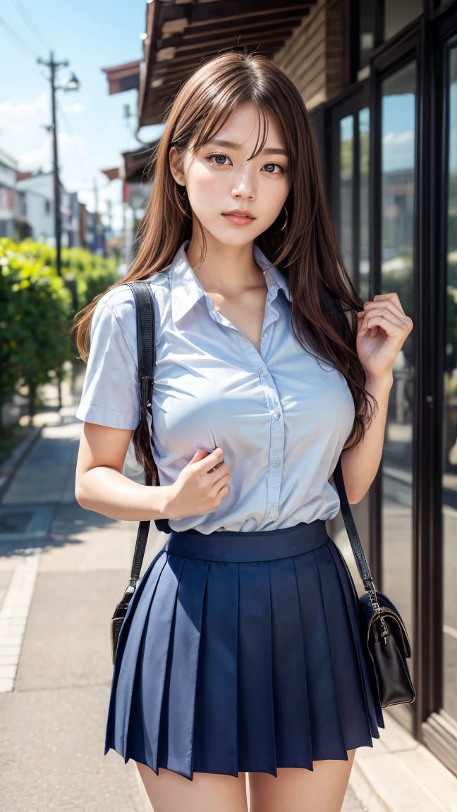 a beautiful 18 year old Japanese high school girl with perfect anatomy, healthy thighs, beautiful legs, beautiful skin, random hair color and style, large breasts, (wearing a Japanese schoolgirl uniform:1.3), (she is standing:1.2), penny loafers, holding a student bag, full body shot, standing on a city street, (best quality,4k,8k,highres,masterpiece:1.3),(extremely detailed:1.2),photorealistic,ultra-detailed,vivid colors, studio lighting, professional, Kasumi Arimura