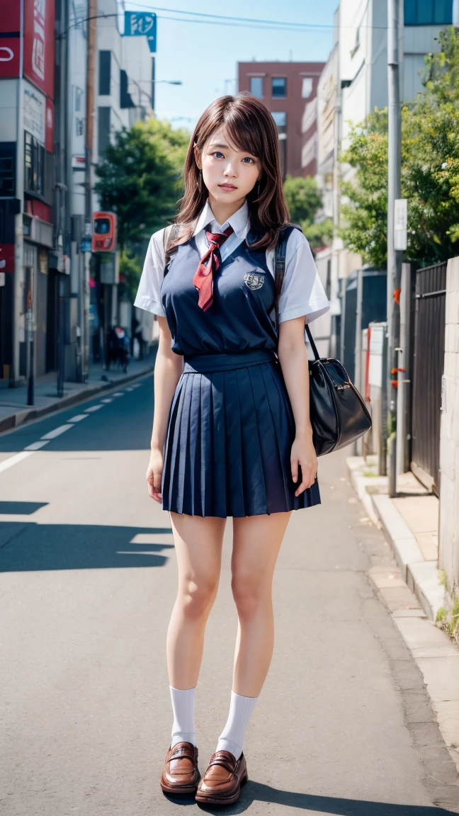 a beautiful 18 year old Japanese high school girl with perfect anatomy, healthy thighs, beautiful legs, beautiful skin, random hair color and style, large breasts, (wearing a Japanese schoolgirl uniform:1.3), (she is standing:1.2), penny loafers, holding a student bag, full body shot, standing on a city street, (best quality,4k,8k,highres,masterpiece:1.3),(extremely detailed:1.2),photorealistic,ultra-detailed,vivid colors, studio lighting, professional, Kasumi Arimura