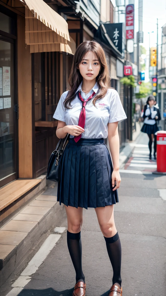 a beautiful 18 year old Japanese high school girl with perfect anatomy, healthy thighs, beautiful legs, beautiful skin, random hair color and style, large breasts, (wearing a Japanese schoolgirl uniform:1.3), (she is standing:1.2), penny loafers, holding a student bag, full body shot, standing on a city street, (best quality,4k,8k,highres,masterpiece:1.3),(extremely detailed:1.2),photorealistic,ultra-detailed,vivid colors, studio lighting, professional, Kasumi Arimura