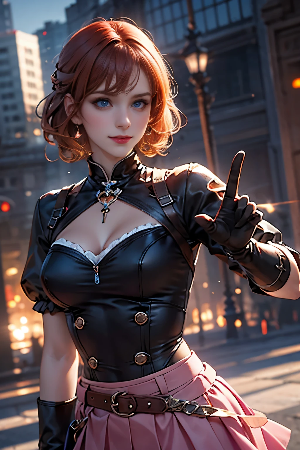((top-quality))Face Real、(((Open your mouth wide to look sexy)))((masterpiece)、(1 shiny skin.1.5)Buttock emphasis、((steampunc))、Big buttocks、( girl)'Buttocks in the face、((Steampunk Punk Fashion))、Blonde Shorthair、Sexy Posing、((The lower body is a purple leotard、Please wear a red garter belt))、Breasts enlarged、Neon lights of the city at sunset、(Various poses)