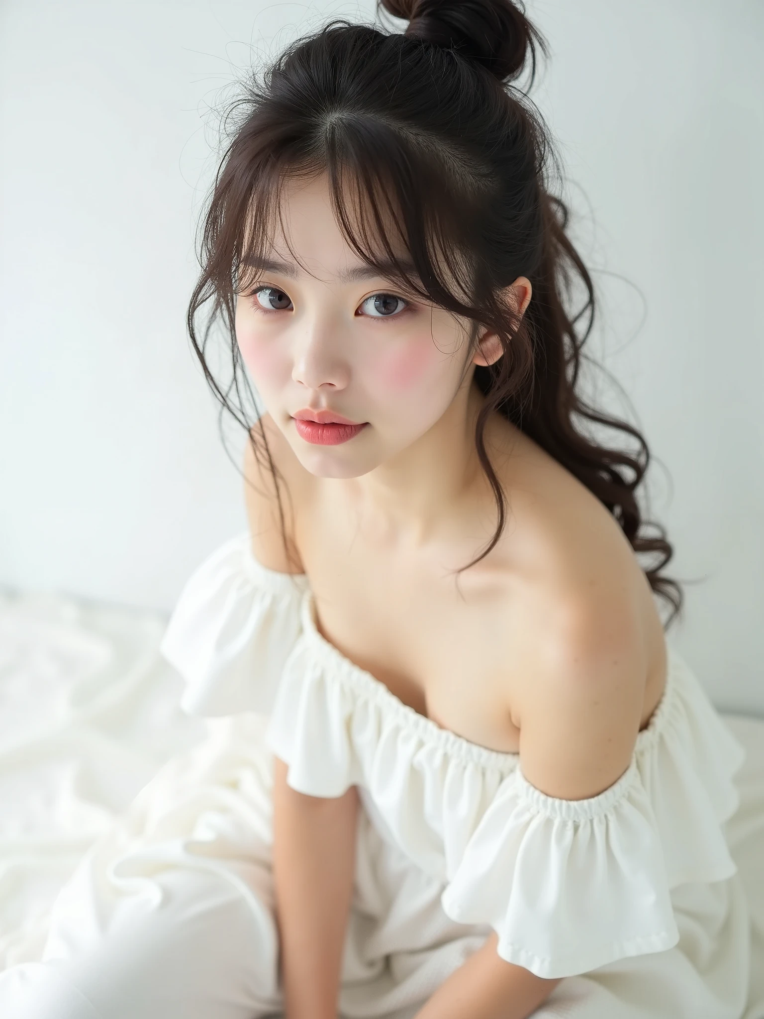 real photograph, (masterpiece), (Best Quality), (Super detailed), (messy hair ), ( A Japanese girl ), (White offshoulder frill dress), View from above, sitting, big breast, fashion model , (simple White background), more beautiful and delicate eyes than keeltheequine , real, Beautiful face, ponytail hair, Hair Fluttering , Best Shadow ,