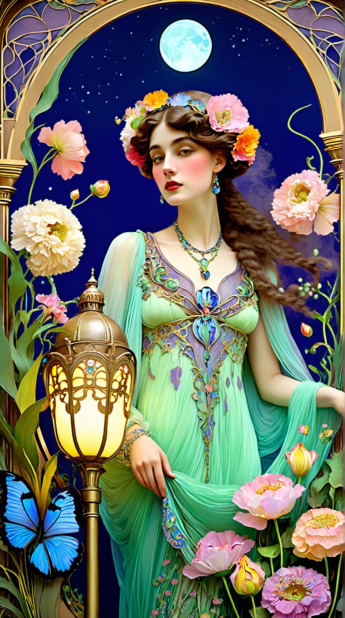 whimsical Jugendstil scene, intricate Leon Bakst-inspired design, captivating colors, dreamy pastel hues, breathtaking scenery, romantic serialism fantasy, sweet elegance, flowing Art Nouveau lines, theatrical atmosphere, ornate details, elaborate Victorian-era style, vibrant bouquet of exotic flowers, moonlit evening, glowing lanterns, softly lit pathways, subtle sense of mysticism