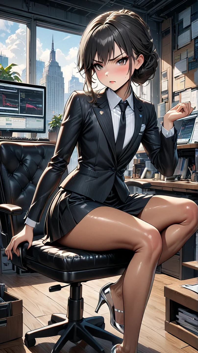 ((Adult transgender women)); formal tie suit, formal tight skirt; brown eyes; showing the whole body; brown skin; Black hair, hairstyle; High heels silver sandals. High quality. 4k, 8k, many details. Blushing. Masterpiece, accurate, anatomically correct, detailed background, better quality, original work. Enterprise background, sitting on ceo chair, legs crossed, serious expression, full body, flat chest, delicate hands, desktop, elegant pose, upskirt, one person, power