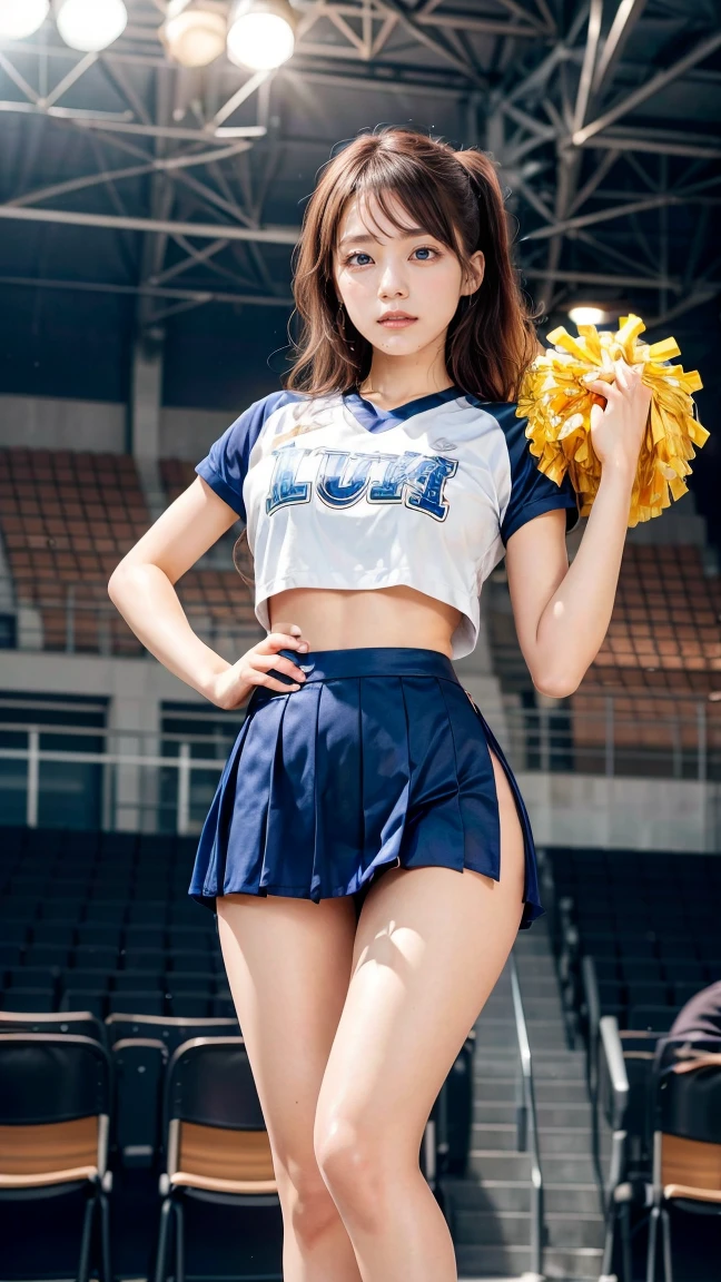 A beautiful young Japanese woman, 20 years old, with perfect anatomy, healthy thighs, beautiful feet, flawless skin, random hair color and style, large bust, (she is standing:1.2), wearing a cheerleader uniform with micro-pleated miniskirt, in a full body shot, standing in a stadium, (best quality,4k,8k, highres, masterpiece:1.3), (extremely detailed:1.2), Kasumi Arimura