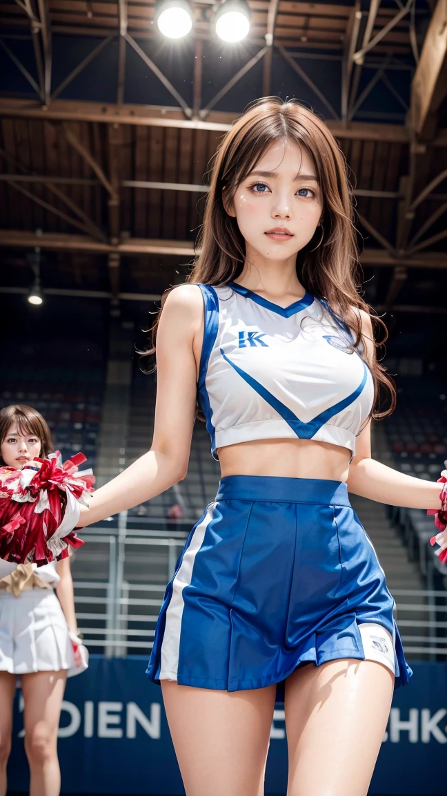 A beautiful young Japanese woman, 20 years old, with perfect anatomy, healthy thighs, beautiful feet, flawless skin, random hair color and style, large bust, (she is standing:1.2), wearing a cheerleader uniform with micro-pleated miniskirt, in a full body shot, standing in a stadium, (best quality,4k,8k, highres, masterpiece:1.3), (extremely detailed:1.2), Kasumi Arimura